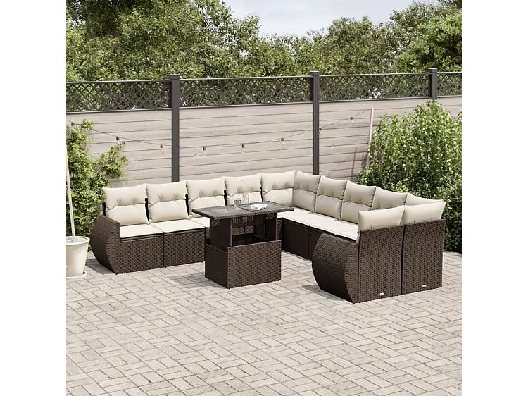 Salon de jardin et coussins 11 pcs marron résine tressée