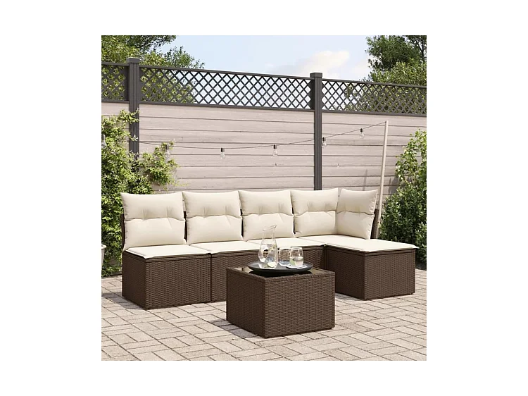 Salon de jardin avec coussins 6 pcs marron résine tressée