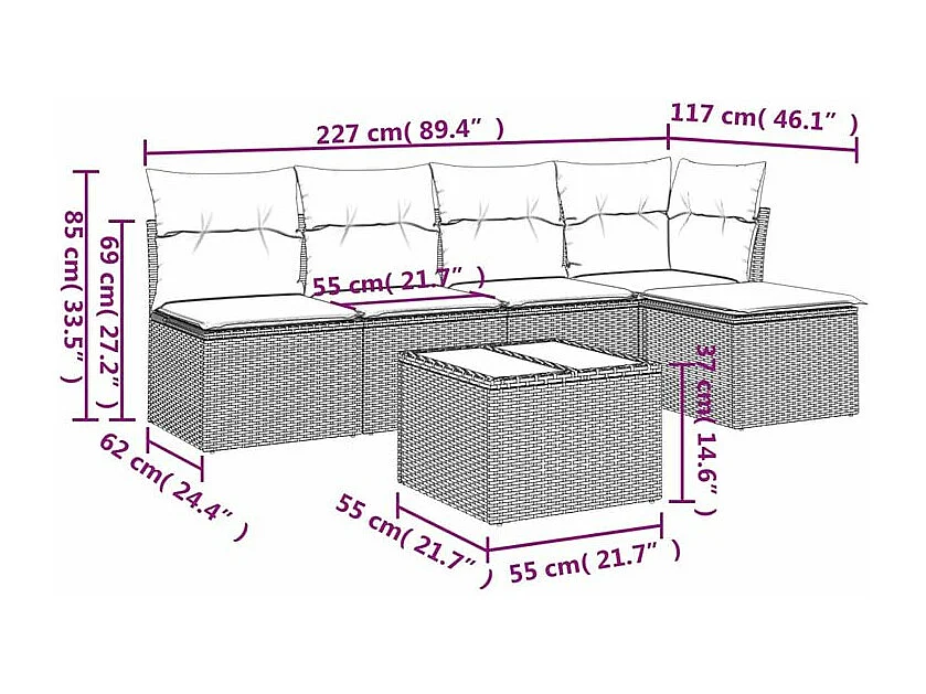 Salon de jardin avec coussins 6 pcs marron résine tressée