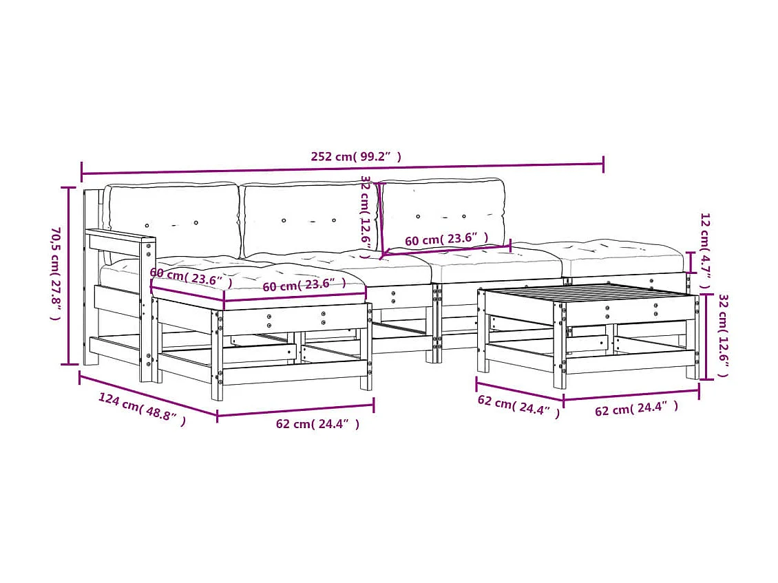 Salon de jardin 6 pcs avec coussins bois de pin imprégné