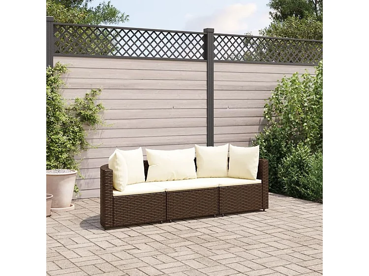 Salon de jardin avec coussins 3 pcs marron résine tressée
