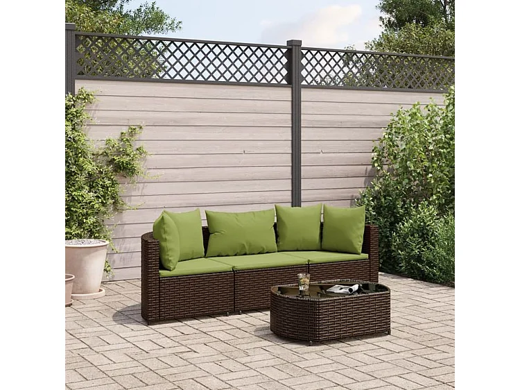 Salon de jardin 4 pcs avec coussins marron résine tressée