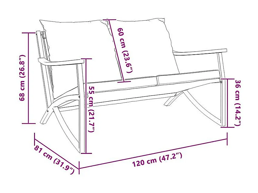 Banc de jardin avec coussins 120cm noir acier