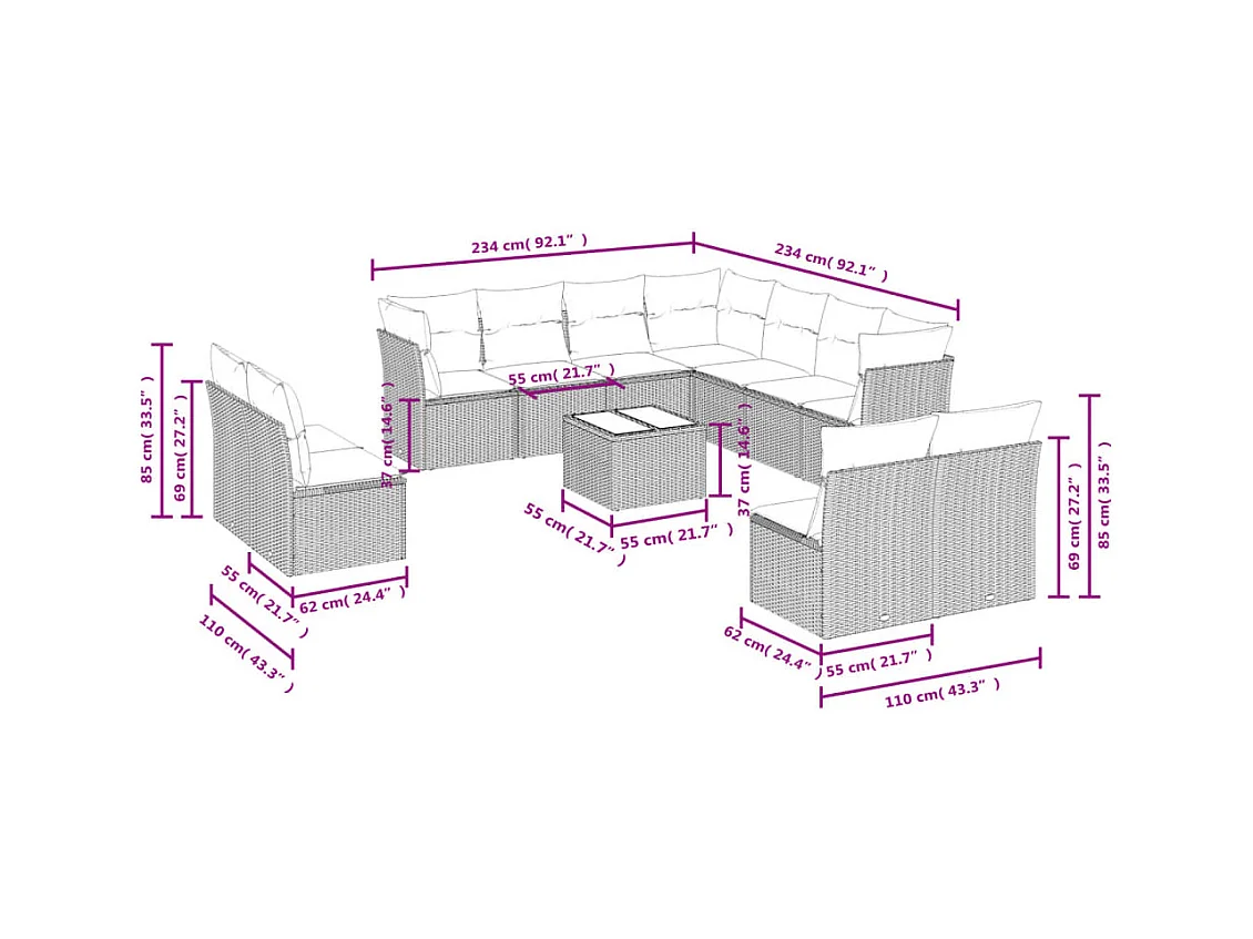 Salon de jardin 12 pcs avec coussins noir résine tressée