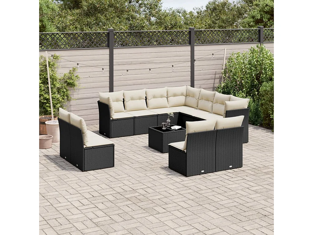 Salon de jardin 12 pcs avec coussins noir résine tressée