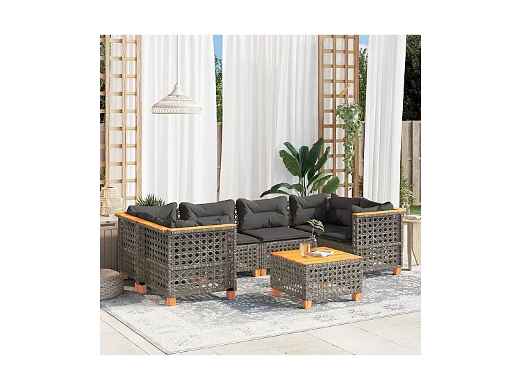 Salon de jardin avec coussins 7 pcs gris résine tressée
