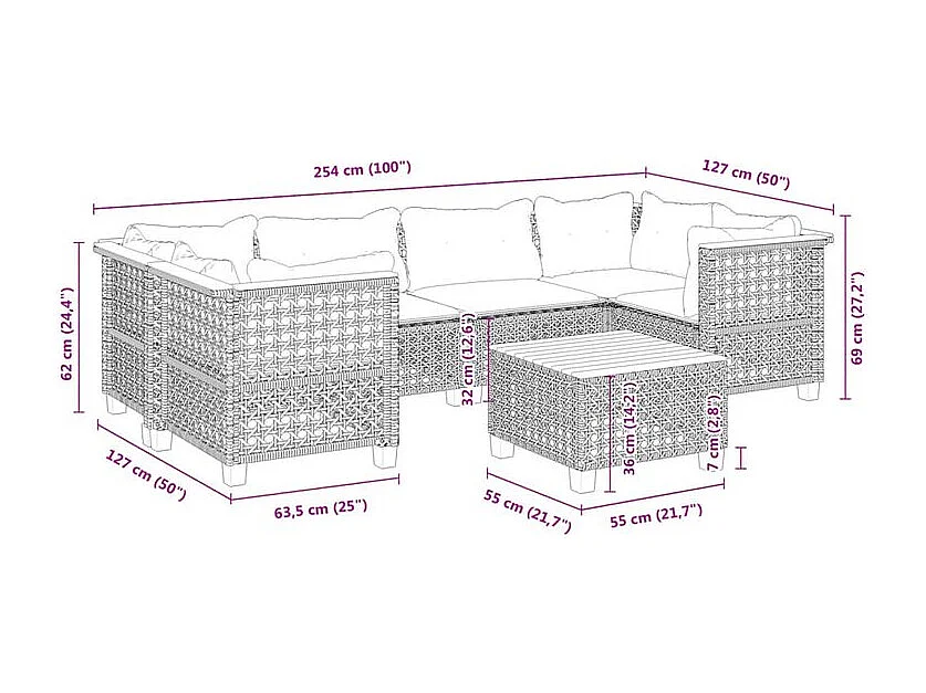 Salon de jardin avec coussins 7 pcs gris résine tressée