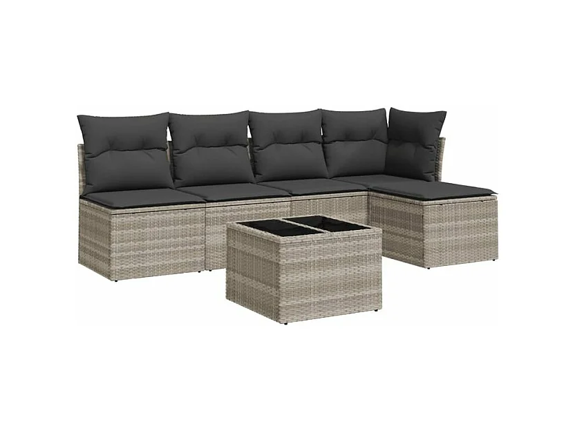 Salon de jardin 6 pcs avec coussins gris clair résine tressée