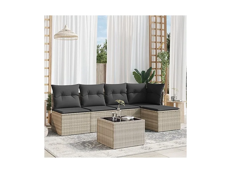 Salon de jardin 6 pcs avec coussins gris clair résine tressée