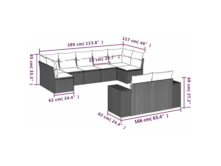 Salon de jardin avec coussins 9 pcs marron résine tressée