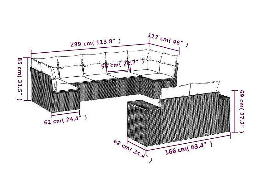 Salon de jardin avec coussins 9 pcs marron résine tressée