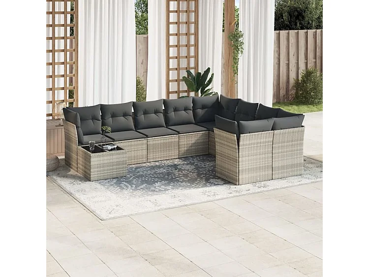Salon de jardin avec coussins 10 pcs gris clair résine tressée