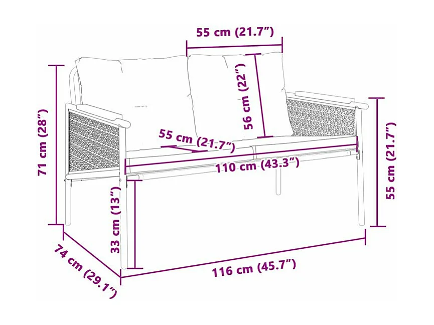Banc de jardin avec coussins 116cm noir acier