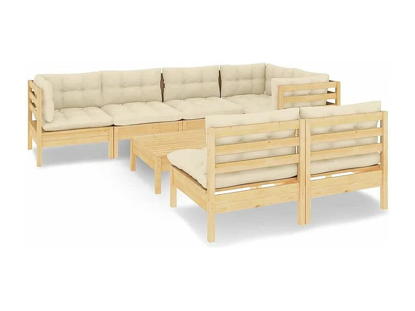 Salon de jardin 8 pcs avec coussins crème Bois de pin massif