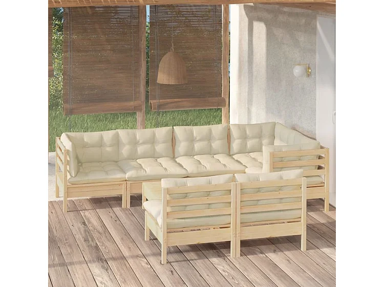 Salon de jardin 8 pcs avec coussins crème Bois de pin massif