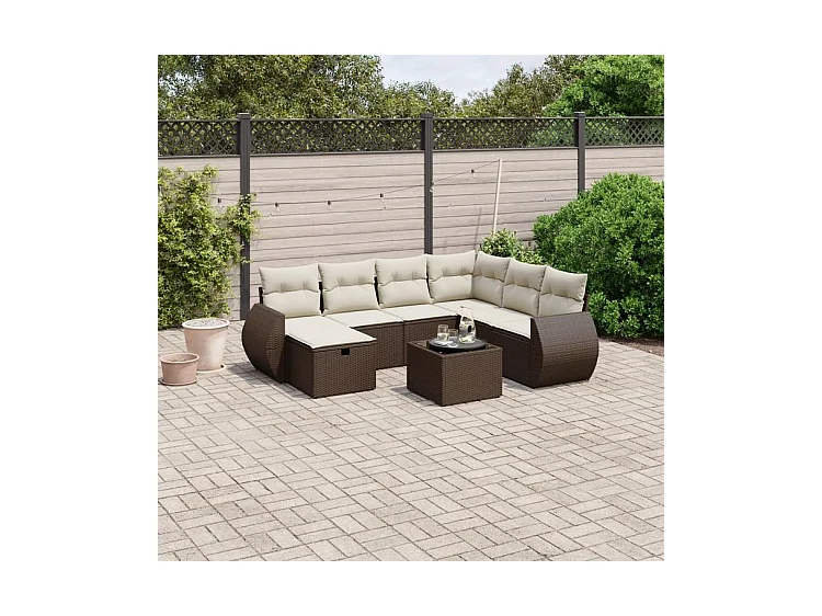Salon de jardin 8 pcs avec coussins marron résine tressée