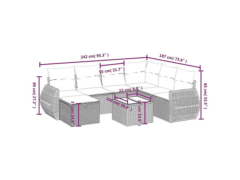 Salon de jardin 8 pcs avec coussins marron résine tressée