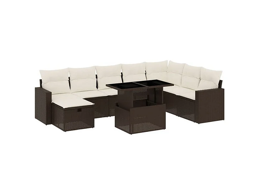 Salon de jardin avec coussins 9 pcs marron résine tressée