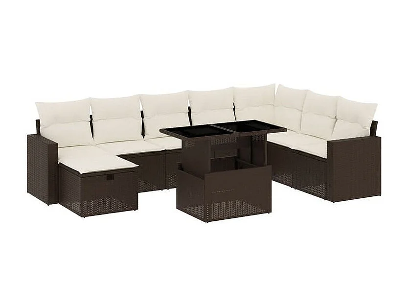 Salon de jardin avec coussins 9 pcs marron résine tressée
