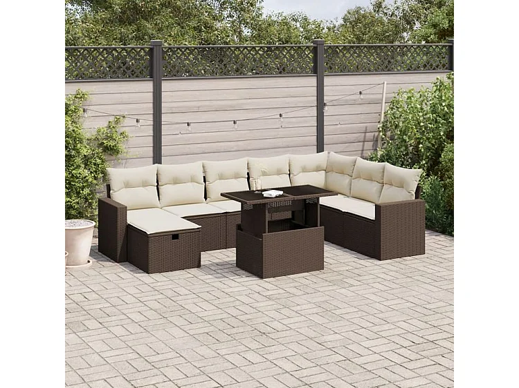 Salon de jardin avec coussins 9 pcs marron résine tressée