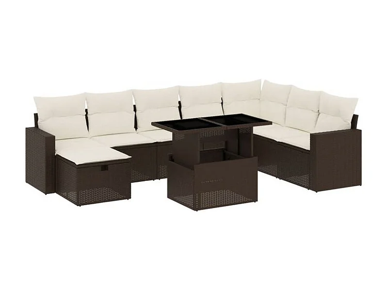 Salon de jardin avec coussins 9 pcs marron résine tressée