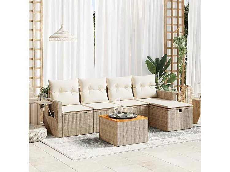 Salon de jardin avec coussins 6 pcs beige résine tressée