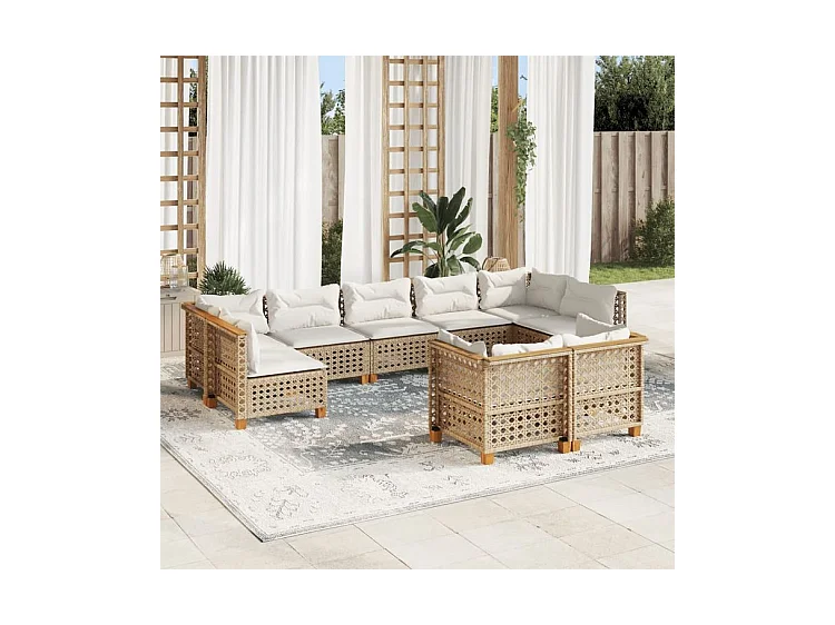 Salon de jardin avec coussins 9 pcs beige résine tressée