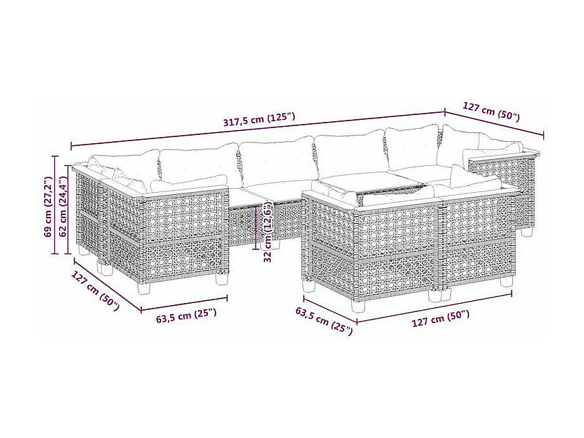 Salon de jardin avec coussins 9 pcs beige résine tressée