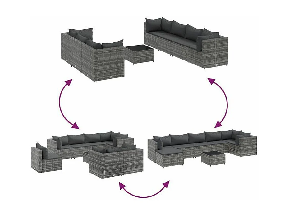 Salon de jardin 8 pcs avec coussins Gris Résine tressée