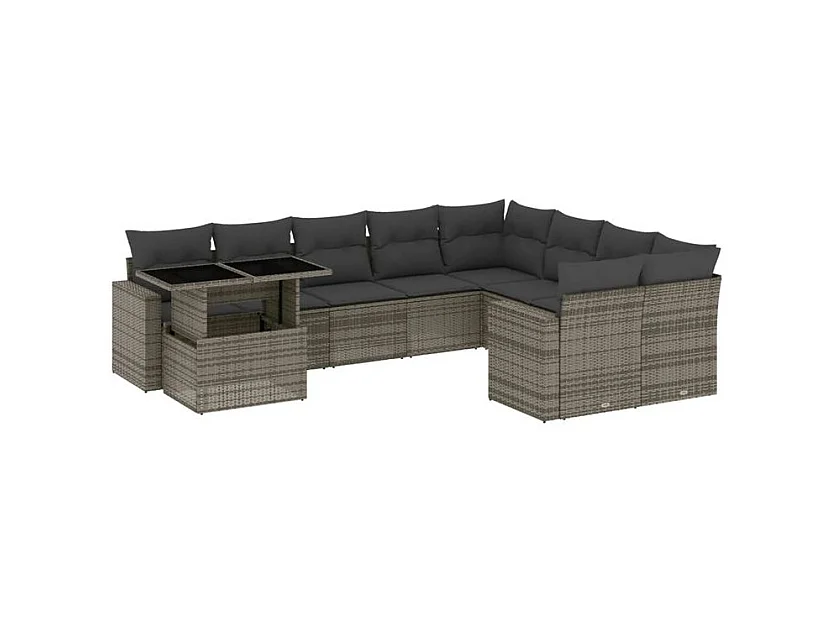 Salon de jardin avec coussins 10 pcs gris résine tressée