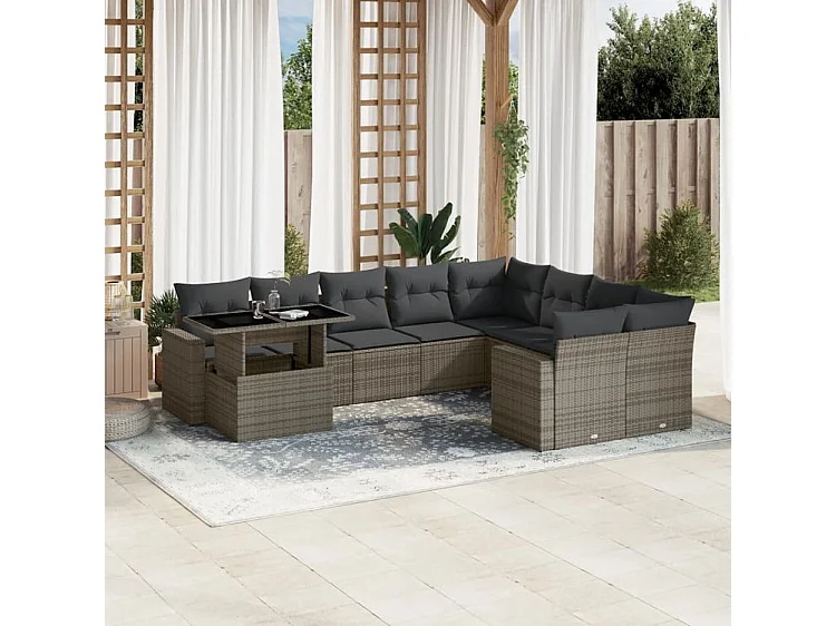 Salon de jardin avec coussins 10 pcs gris résine tressée