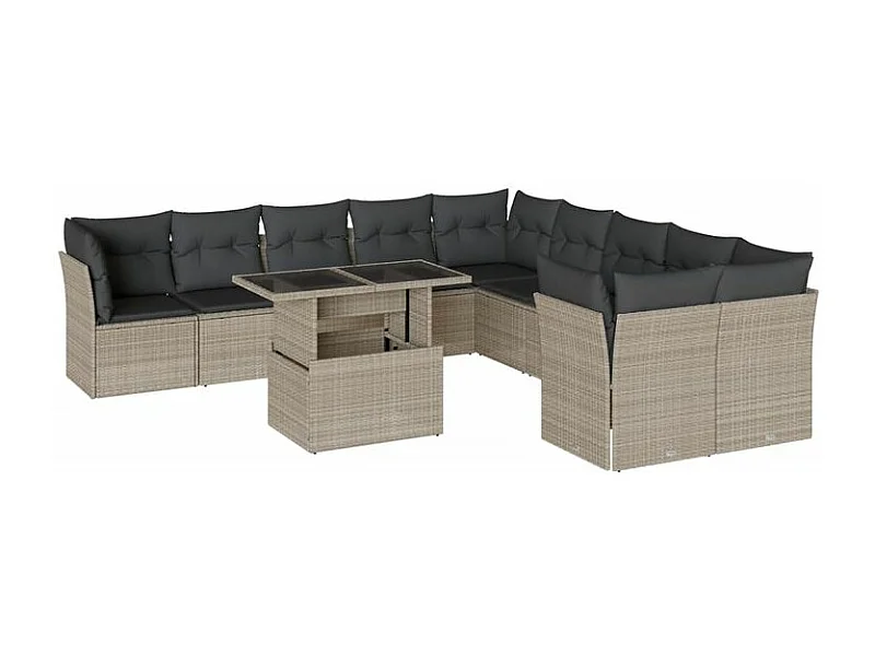 Salon de jardin 11 pcs avec coussins gris clair résine tressée