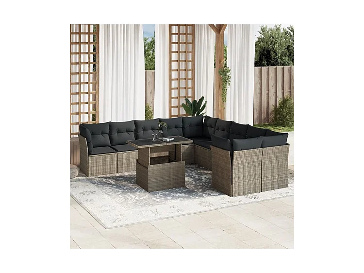 Salon de jardin 11 pcs avec coussins gris clair résine tressée