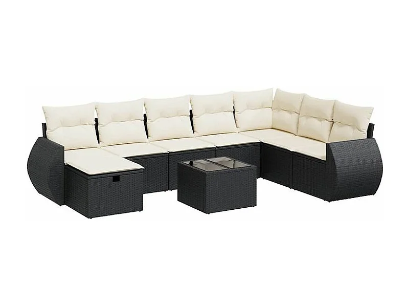Salon de jardin 9 pcs avec coussins noir résine tressée