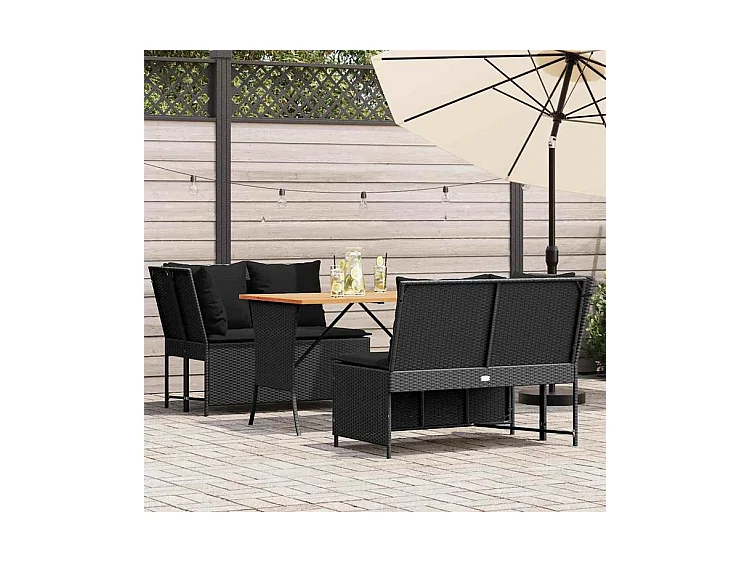 Salon de jardin 3 pcs avec coussins noir résine tressée
