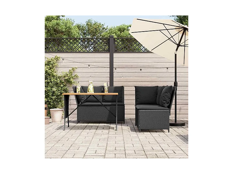 Salon de jardin 3 pcs avec coussins noir résine tressée