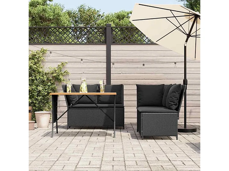 Salon de jardin 3 pcs avec coussins noir résine tressée