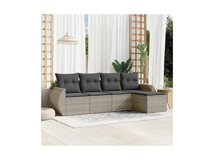 Salon de jardin 5 pcs avec coussins gris clair résine tressée