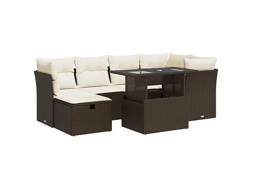 Salon de jardin avec coussins 7 pcs marron résine tressée