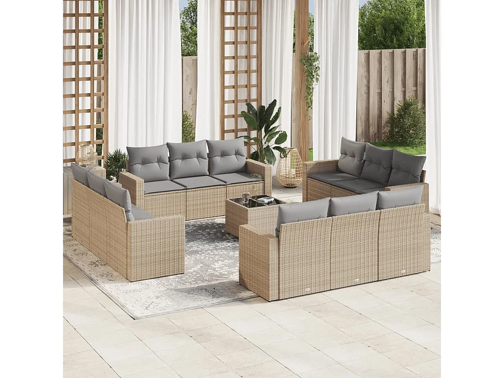 Salon de jardin avec coussins 13 pcs beige résine tressée