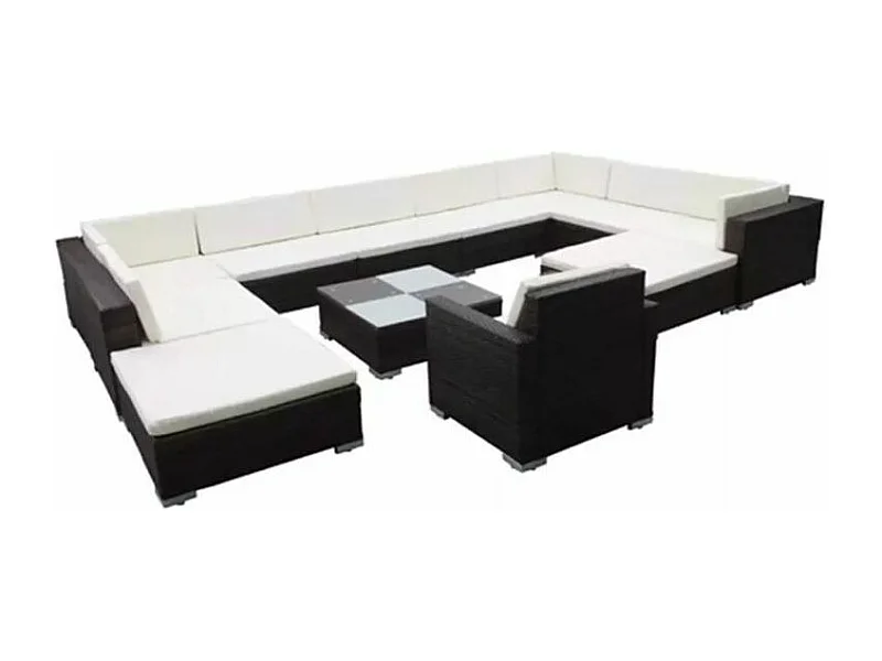 Salon de jardin 12 pièces résine tressée marron coussins blanc Kim