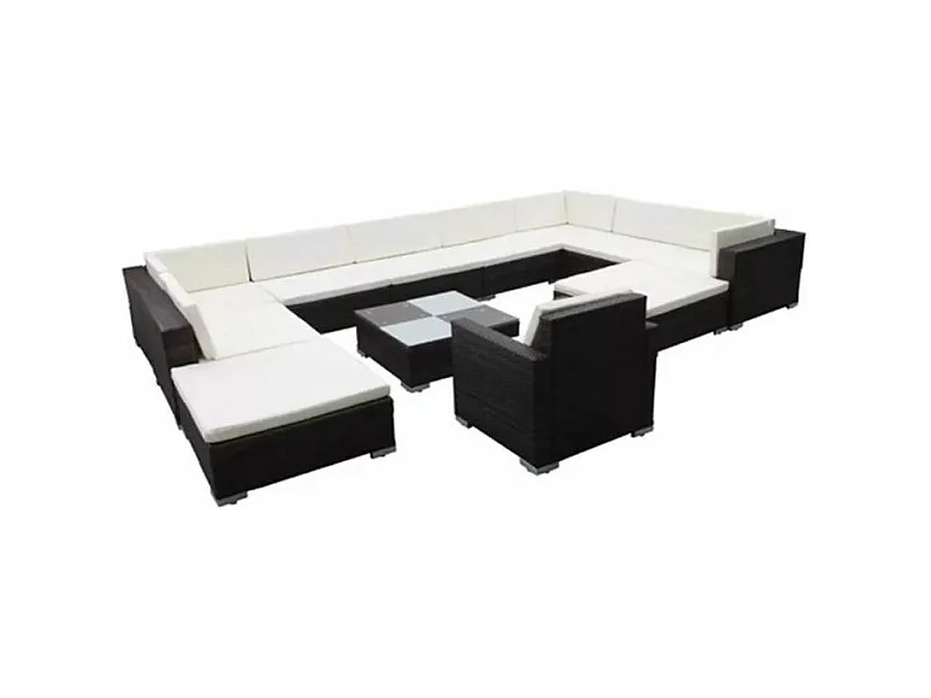 Salon de jardin 12 pièces résine tressée marron coussins blanc Kim