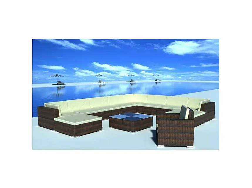 Salon de jardin 12 pièces résine tressée marron coussins blanc Kim