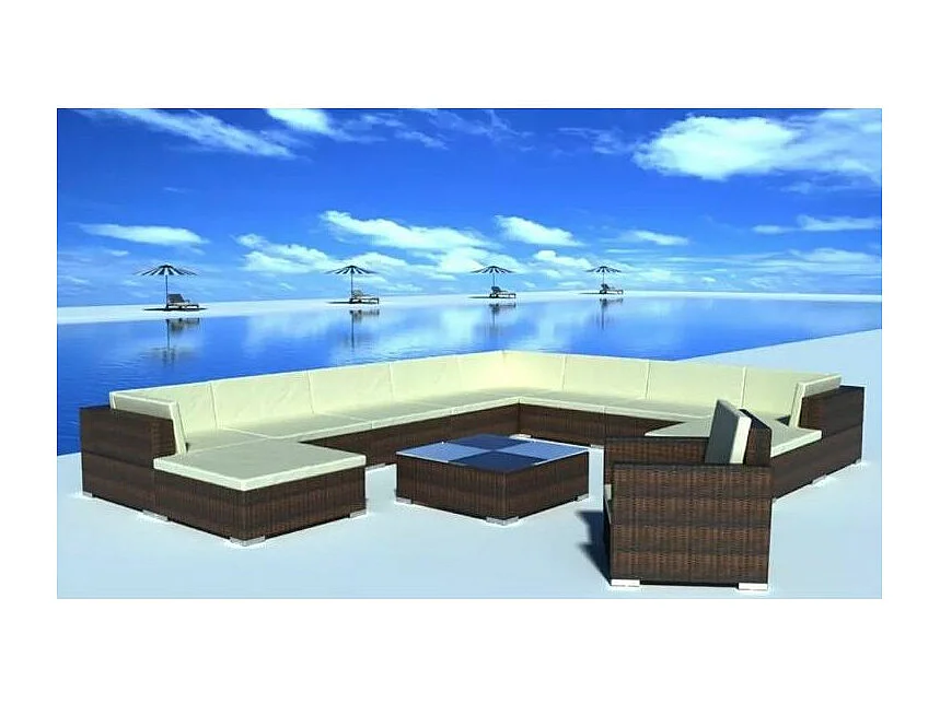 Salon de jardin 12 pièces résine tressée marron coussins blanc Kim