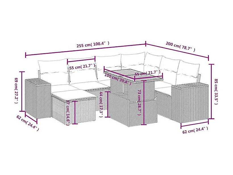 Salon de jardin avec coussins 8 pcs beige résine tressée