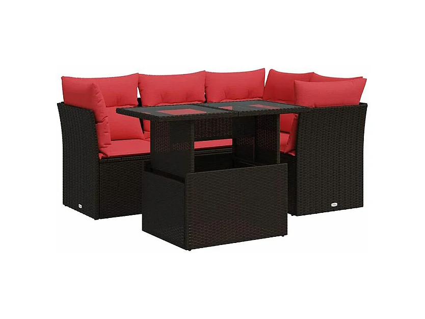 Salon de jardin avec coussins 5pcs marron résine tressée acacia