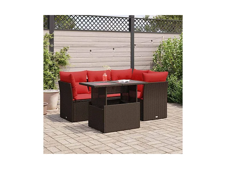 Salon de jardin avec coussins 5pcs marron résine tressée acacia