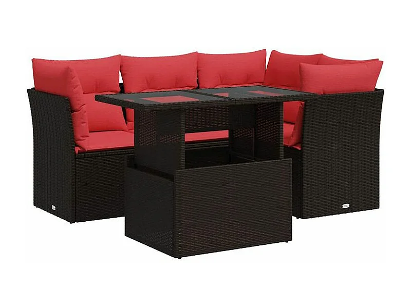 Salon de jardin avec coussins 5pcs marron résine tressée acacia