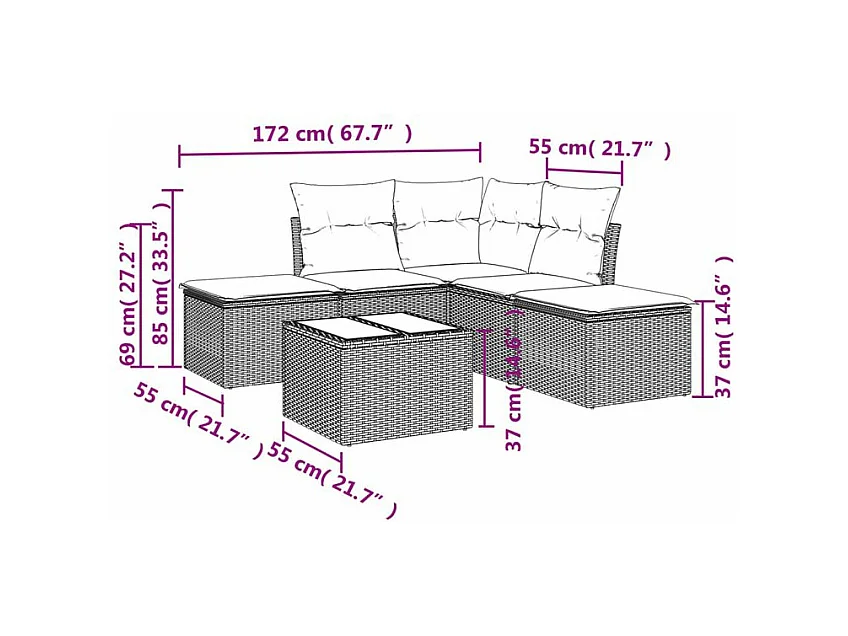 Salon de jardin avec coussins 6 pcs marron résine tressée