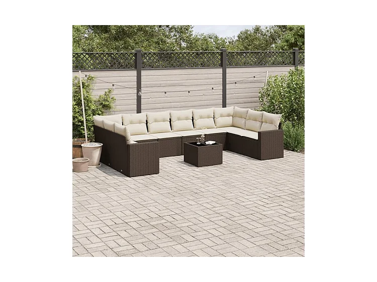 Salon de jardin et coussins 11 pcs marron résine tressée